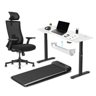 Lifespan Walkingpad™ M2 Treadmill with Ergodesk Automatic White Standing Desk 1500mm + Cable Management Tray + DM9 Chair